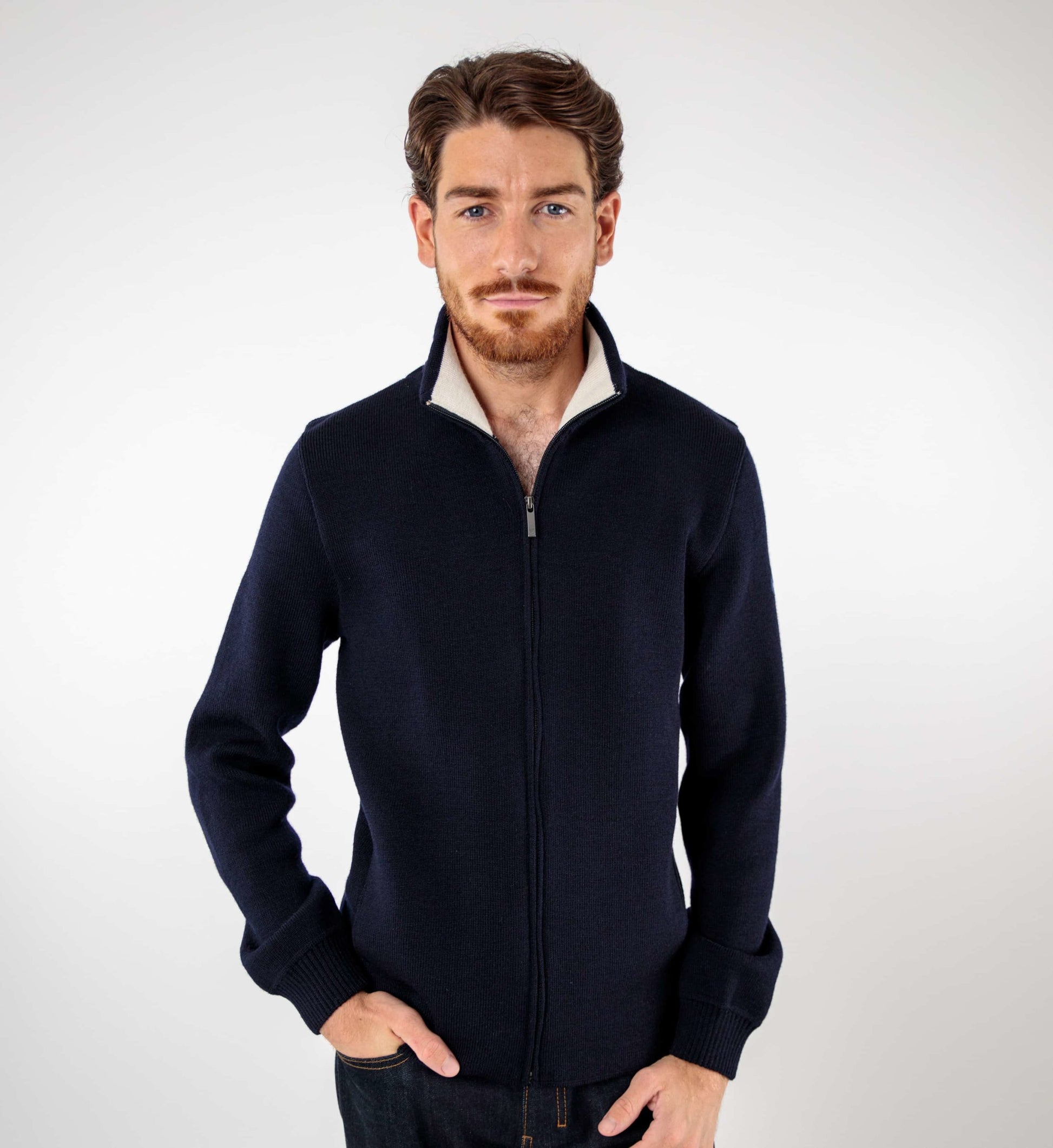 Zipped wool jacket with stand-up collar