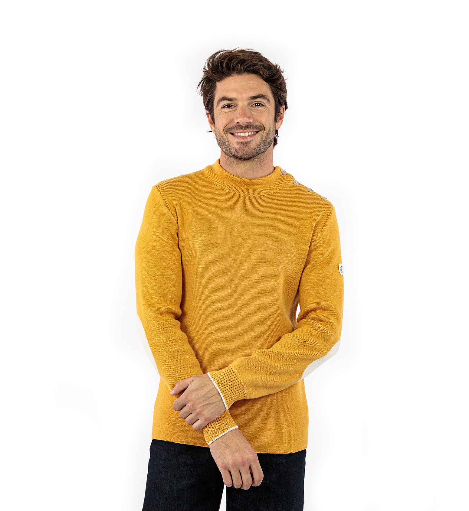 Plain sailor sweater with contrasting elbow patches Royal mer