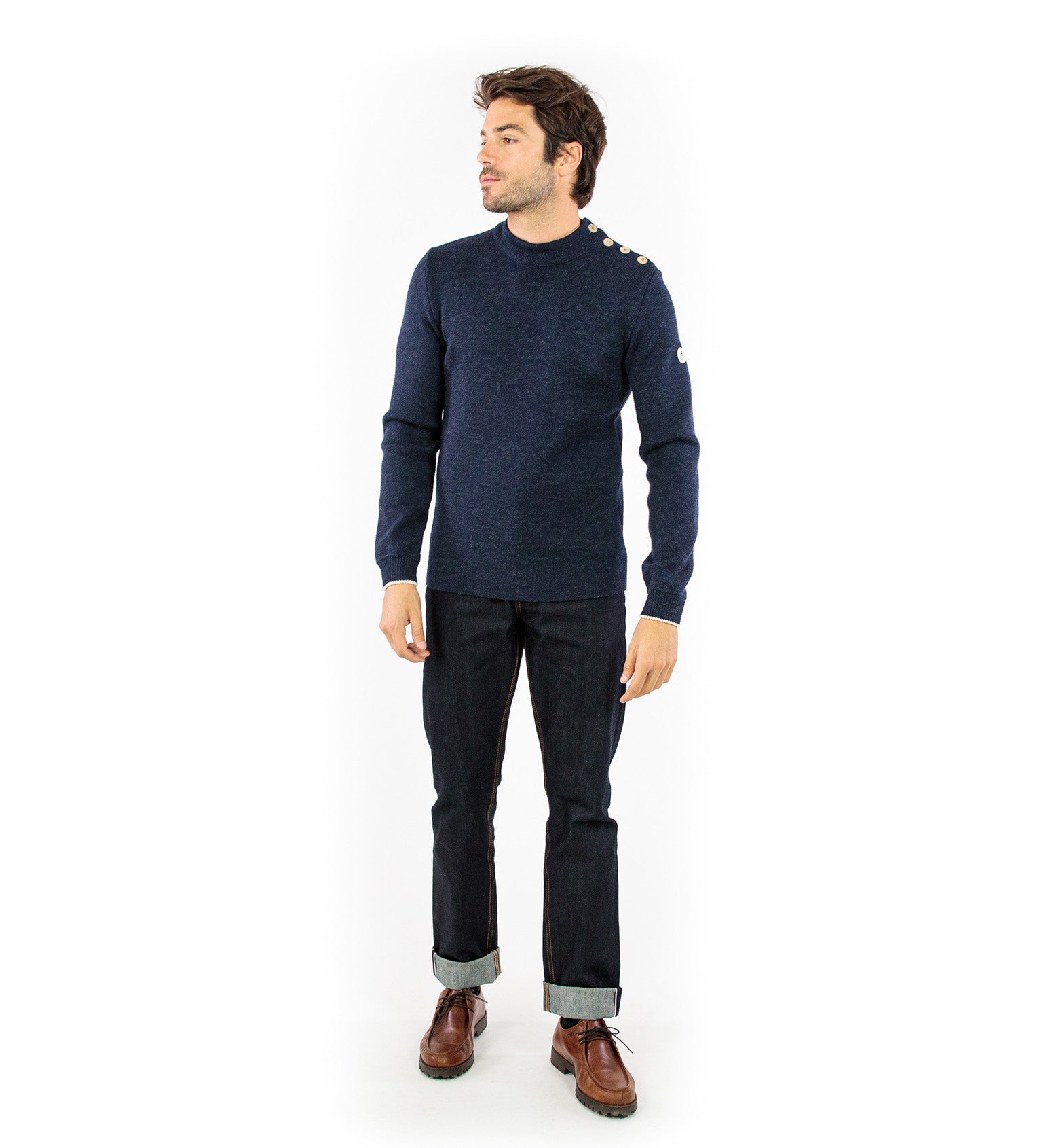 Plain sailor sweater with contrasting elbow patches