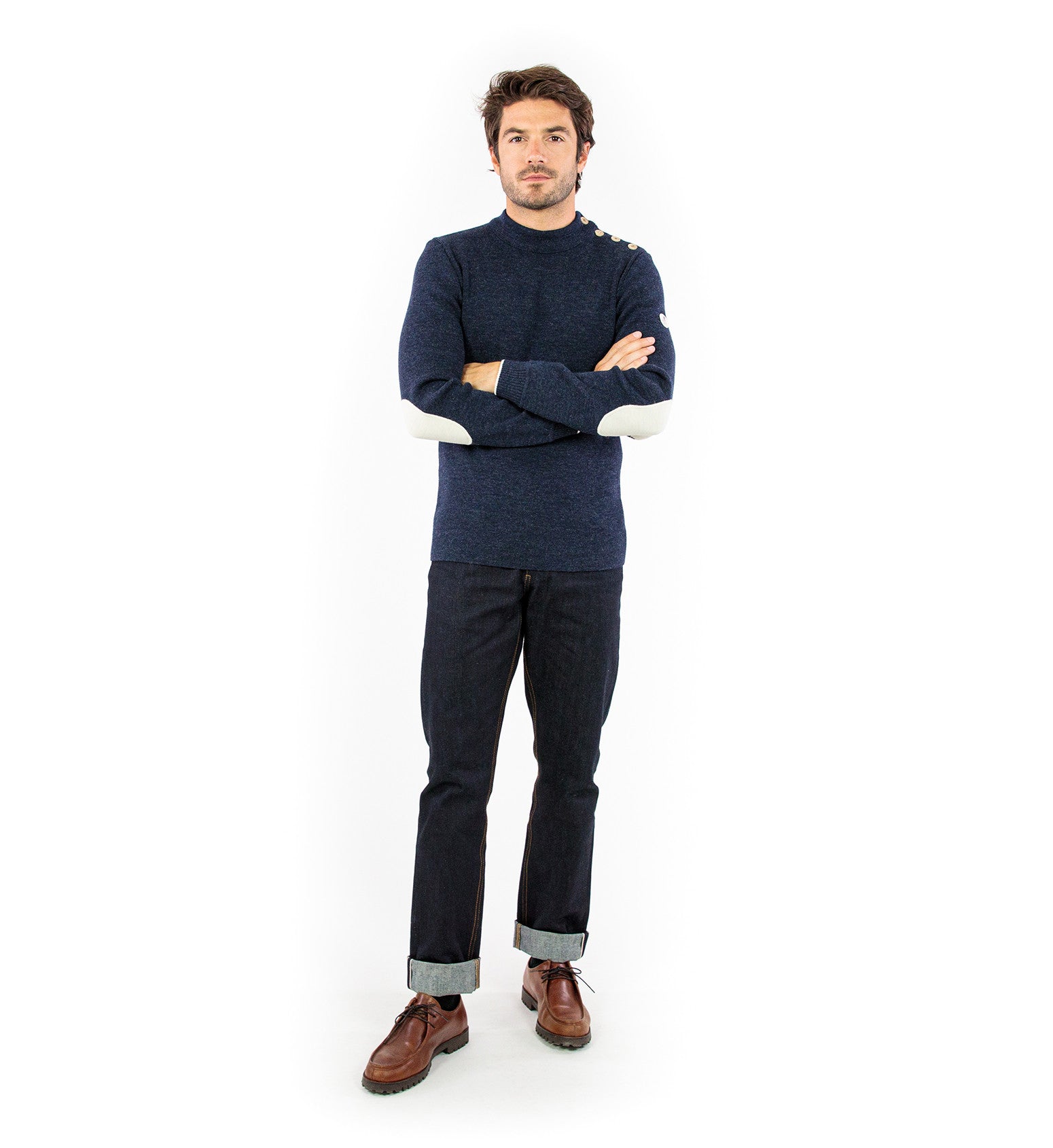 Plain sailor sweater with contrasting elbow patches