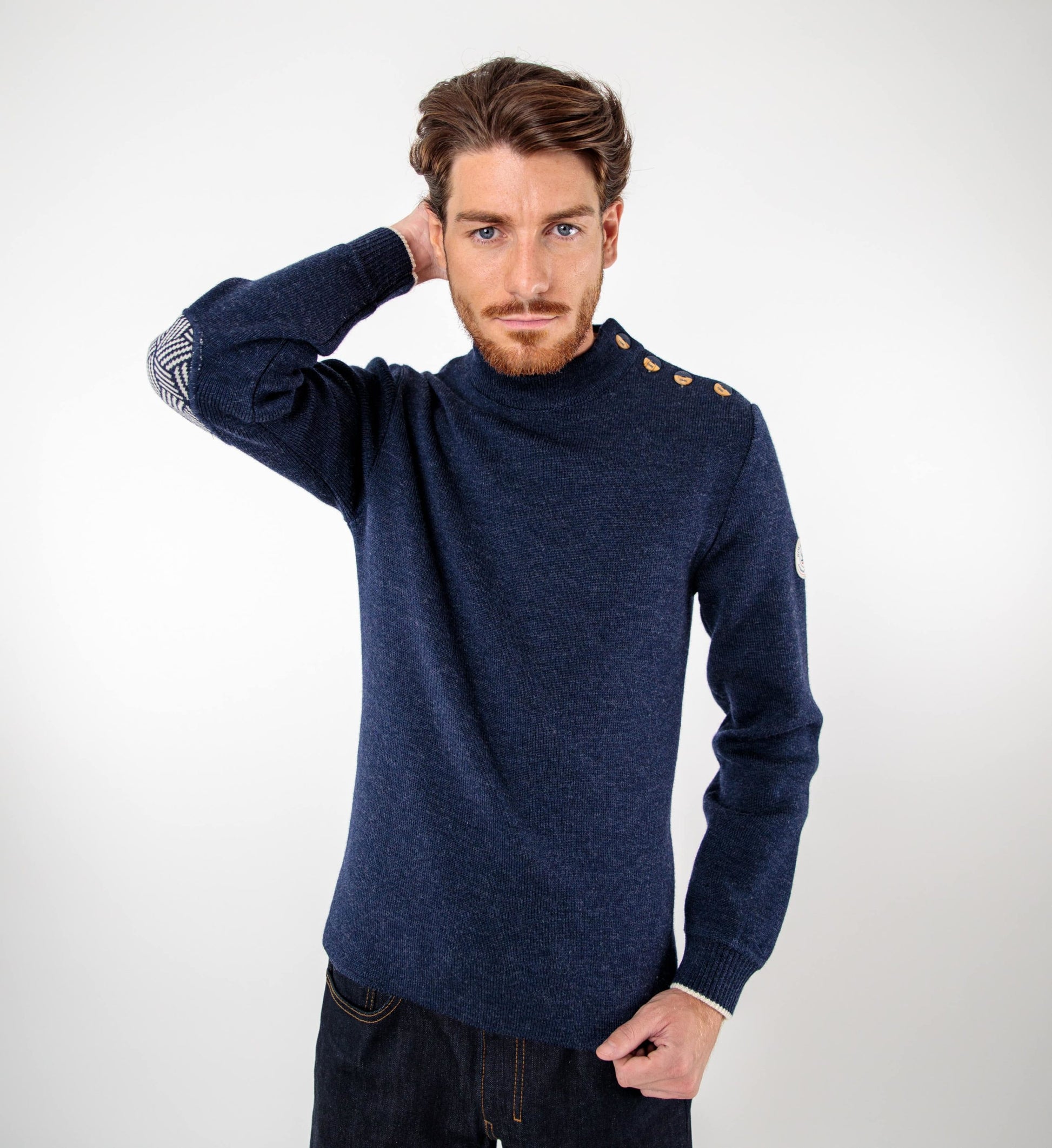 Plain sailor sweater with fancy elbow patches